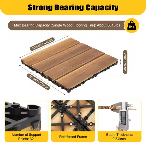 36 Pack 12"x12" Hardwood Interlocking Patio Deck Tiles Waterproof Non Slip Wood Flooring DIY Indoor 