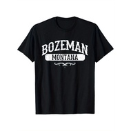 MenS Bozeman Montana T-Shirt - Cotton, Heavyweight, Black Crew Neck, Geometric Pattern, Short Sleeve