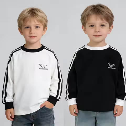 Boys Tyrannosaurus Rex Dinosaur Long Sleeve Tee Striped Raglan Sleeve T-Shirt Soft Cotton Casual Top