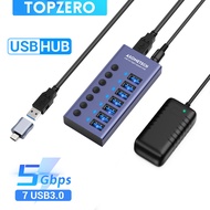TOPZERO 7/10พอร์ต USB 3.0 Hub USB Hub 3.0 Multi USB Splitter 5Gbps ความเร็ว + 60W (12V/5A) อะแดปเตอร