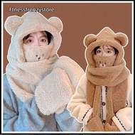 [FF] Cute Little Bear Plush Hat Winter Warmth Women Hat Scarf Glove Facemask One-piece Hooded Outdoo