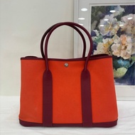 HERMES garden party花園包36橙色拼馬鞍紅牛皮拼帆布 銀扣 X刻