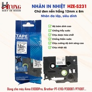 Printed Label HZe-S231 (Black Letters on White Background, Size 12mm X 8M) - Compatible with Brother