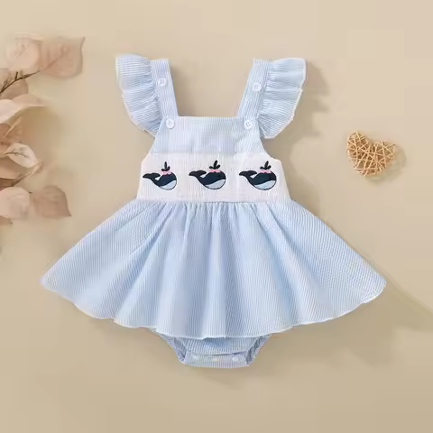 Summer female infant blue whale embroidery small flying sleeve triangular Romper casual cute
