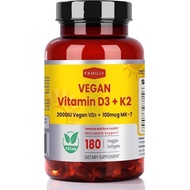 FAMILI+ 180 Days Vegan Vitamin D3+K2 Softgel with Coconut MCT Oil | 2000IU Plant Vitamin D3 + 100 mc
