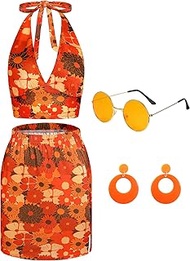 5 Pcs 70s Disco Outfit Women Sunflower Print Costume Halter Top and Bodycon Sets Earrings for Halloween Cosplay