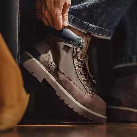 Maden Splice Suede Work Boots Men's Vintage Chunky Sole Round Toe Combat Boots Lace-Up Ankle Boots f