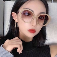 Cross-Border FDA Large Frame Cat Eye logo Sunglasses Retro Beige Studs Round Sunglasses Men Women Su