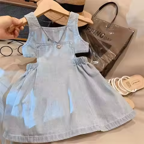 Summer New Girl's Blue Cowboy Strap Skirt with Waist Exposed Design, Children's Baby Soft Cowboy Kor