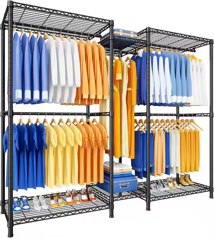 Heavy Duty Freestanding Garment Rack with Shelves, Metal Clothing Storage System, 71" W x 16" D x 76