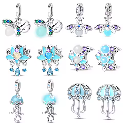 Fashion Silver 925 Luminous Color Change Firefly Jellyfish Pendant Moon Lotus Charms Beads Fit Panda