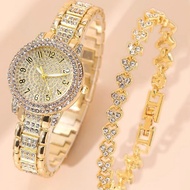 Ladies Quartz Watch Set Digital Dial Gold Full Diamond Bracelet Watch