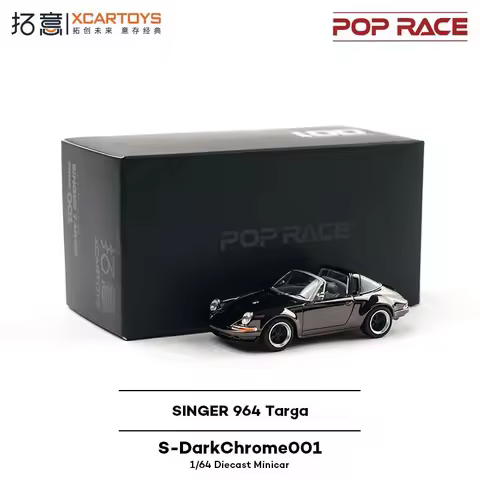 In Stock POP RACE 1:64 Porsche SINGER 964 Targa S-DarkChrome001 Alloy Die Cast Car Model