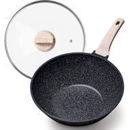 CAROTE Non Stick Wok with Lid 12''/5.3QT Woks & Stir-fry Pans Nonstick Granite Wok Pan Induction Coo