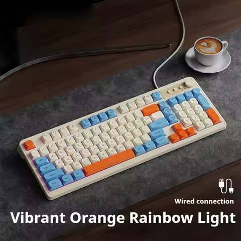 EWEADN Wired Gaming Keyboard, 98 Silent Keys, Cream Keycaps, Rainbow RGB Backlit, Ergonomic Compact