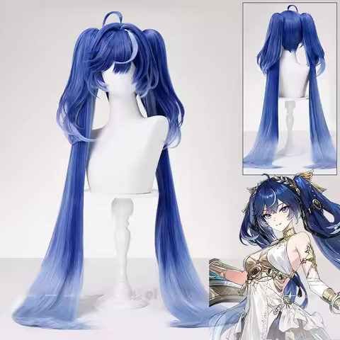 Wuthering Waves Iuno Cosplay Wig Blue Gradient Long Straight Double Ponytails Synthetic Wigs For Wom