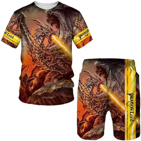 Summer Dragon Lord Pattern Men's T Shirts+Shorts 2PCS Outfits Casual Shorts Sets 3D Print Cool Man C