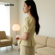 Lovito Blusang Elegan Berlipat Mudah Kuning untuk Wanita Musim Bunga/Panas L158ED777