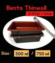 BENTO THINWALL DENGAN TUTUP BENTO TANPA SEKAT BENTO MERAH HITAM 500ml dan 750ml isi 25 lengkap denga
