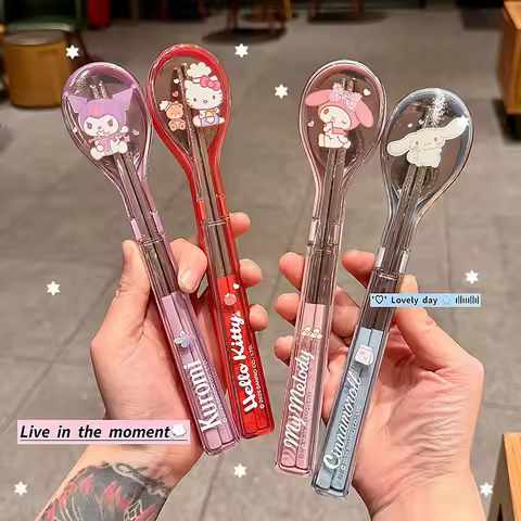 Hello Kitty Chopsticks Spoons Reusable Tableware Kitchen Accessories Kitty Chopstick Set Utensil Sto