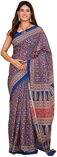 Hand Printed Ajrak Printed Women Mulmul Cotton Sarees for Women with Blouse Piece 1747