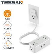 TESSAN Flat Cord Extension 1.5M/3.0M/4.5M Type C Adapter Power Strip with USB-C  2/3/4 Way Extension