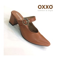 OXXOรองเท้าแฟชั่น หน้าเรียว หุ้มหัว เปิดหลัง รองเท้าหัวแหลม สูง2.5นิ้ว วัสดุหนังพียู หนังนิ่ม ใส่สบาย FF3084