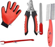 Pups&Pets Dogs Grooming Kit Double Side Comb, Nail Cutter, Tooth Brush and Glove for Puppy, Cat and 