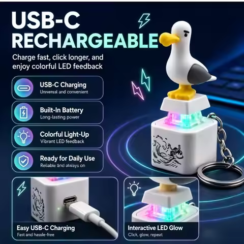 !!Seagull Mine Keychain, USB Clicky Keyboard Fidget Button, LED Sound Keychain