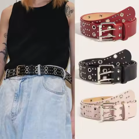 Y2k 3.8cm Width Women’s Punk Belt PU Leather Rivet Detail Dec Denim Belt Strap Double Eyelet Faux Le