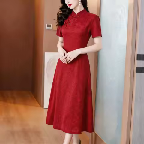 XL-6XL Chinese Style Red Jacquard Cheongsam Party Dress for Women Elegant Short Sleeve Midi Qipao Dr