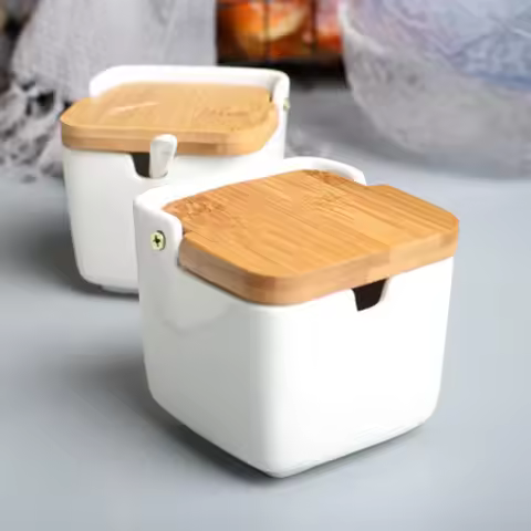 Bamboo Ceramic Flip Seasoning Jar with Spoon Spice Salt Pepper Cinnamon Powder Box Bottle Pot Kitche