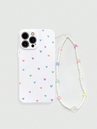 Maryam Alam 馬卡龍心形彩繪白色手機殼，帶懸掛鏈，適用於 iPhone 12、13 和 14 系列