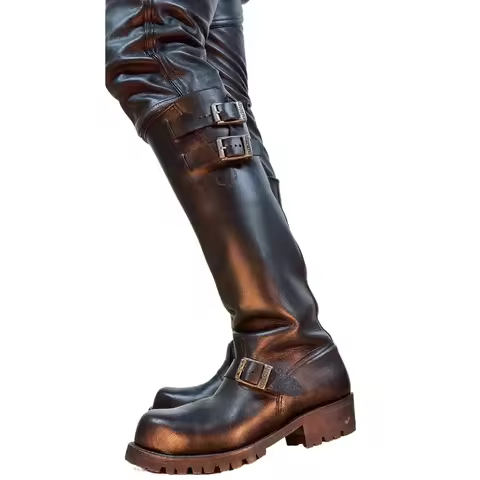 Retro Men Genuine Leather British Long Chelsae Boots Knee High Winter Riding Boots Versatile Enginee