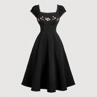 Embroidered Shell Sleeve Black Mid-Length Dress, Summer Dress For Women, Elegant, Vacation, Casual, 