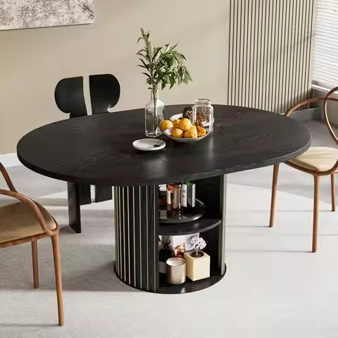 Expandable Oval Dining Table with 2-Tier Storage, Space-Saving Design for 4-6 People (Black, 43.3IN)