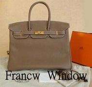 France Window 愛瑪士柏金包Hermes Birkin 35 大象灰 金扣 Tc皮