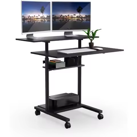 Premium Mobile Desk Workstation 40 Inch Wide Large Rolling Computer Desk is Height Adjustable to 64 