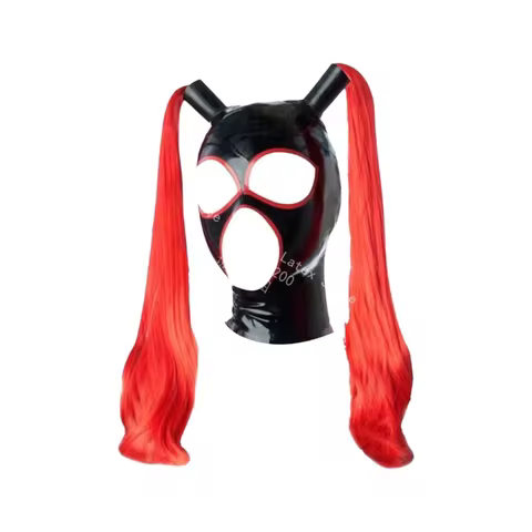 Black Latex Hood, 2 Red Ponytails, Open Mouth Eyes Nostrils, Red Eyes & Red Mouth, Back Zipper