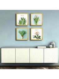 4入組30x30cm高清噴繪植物油畫，配有PS泡沫外框和高密度木板，非常適合牆面藝術裝飾。 正方形藝術綠葉植物牆掛可以用於畫廊或家居裝飾。