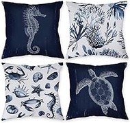 Coastal Marine Animal Seashell Starfish Sea Horse Sea Turtle Coral Crab Navy Blue Pillow Case,Decorate Home Living Room Bedroom Sea House,Ocean Lover Gift,18x18 Inch Throw Pillow Covers Set of 4