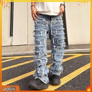 Men Jeans Straight-leg Jeans Men's Distressed Denim Pants with Tassel Edges Straight Leg Jeans for T