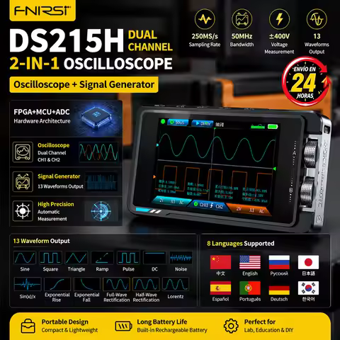 FNIRSI DS215H 2-in-1 Digital Oscilloscope Signal Generator Dual Channel 50MHz 250MS/s 8 Language Han