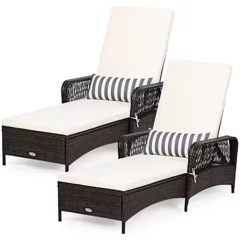 Wicker Chaise Lounge Outdoor Set of 2, Patio Rattan Reclining Chaise with 6Gear Adjustable Backrest,
