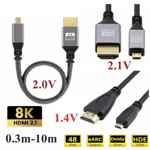 10m 5m 3m 1m 0.3m Micro HDMI to HDTV HDMI-Compatible 4K 8K Cable Cord For GoPro Raspberry Pi 4 Retro