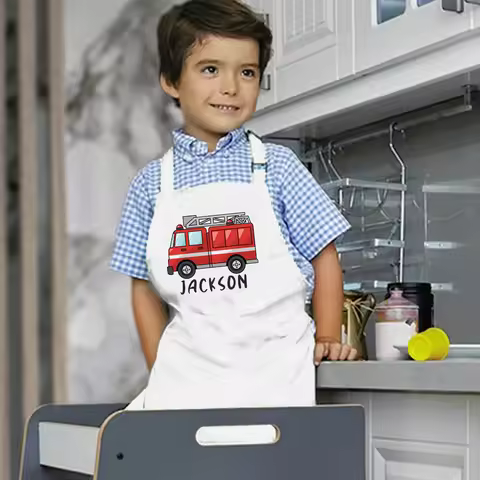 Personalised Apron Child's Fire Truck Name Apron Christmas Birthday Gift Baking Apron Toddler Apron