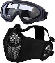 Yzpacc Airsoft Mask with Goggles, Foldable Half Face Airsoft Mesh Mask with Ear Protection for Paint