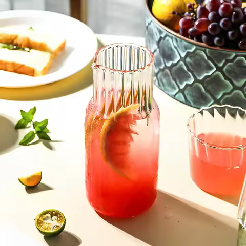 Glass Water Bottle Set 600ML/400ML Glass Bedside Water Bottle with Glass Drinking Cup for Milk Bever