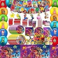 Mario Bros Birthday Party Supplies for Kids, Mario Party Decorations Included Banner, Cups, Napkins, Tablecloth, Plates, Cake Topper, Straws, Gift Bags, Balloons for Kids Boys Girls Party Favors