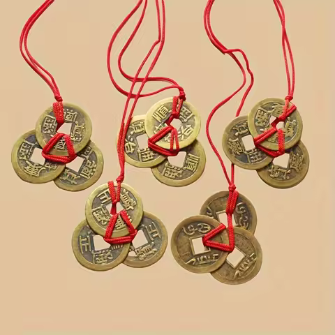 3/9pcs Retro Chinese Traditional Red Rope Lucky Coins-Antique Brass Feng Shui Decorative Pendant, Fe